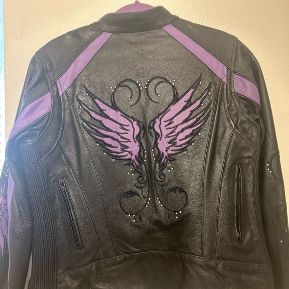 Women’s black purple motorcycle jacket with embroidered details - Picture 3 of 10